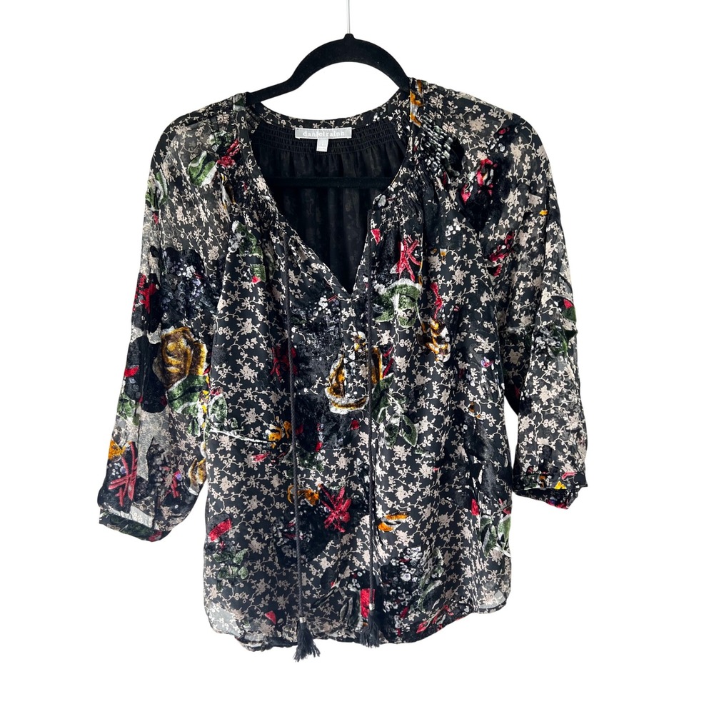 Daniel‎ Rainn Floral Velvet Burnout Blouse Size Small 3/4 Sleeve Sheer